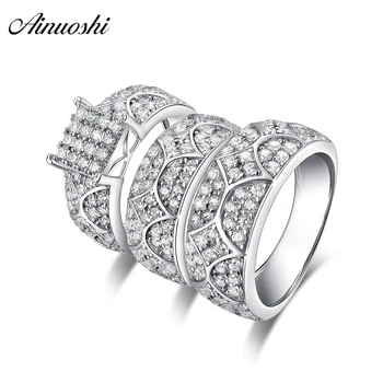

AINUOSHI 925 Sterling Silver Couple Wedding Engagement 4 Prongs Rings Set Geometry Men Anniversary Lovely Promise Ring Set Gifts