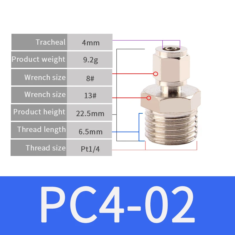 1 шт. прямой тип медный материал пневматический винт Резьба быстрые разъемы штуцер PC 4 мм-16 мм газовый шланг трубка одно касание нажимать в - Color: Quickly Screw PC4-02