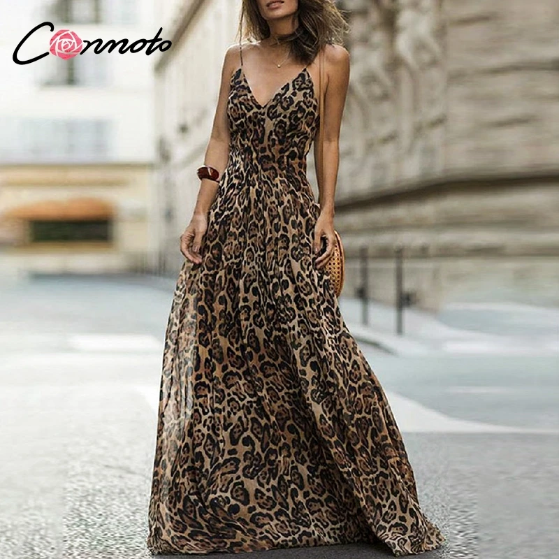 

Conmoto Leopard Print Chiffon Maxi Dress Women Backless Long Sexy Party Dresses Spaghetti Strap Casual Dress Vestidos
