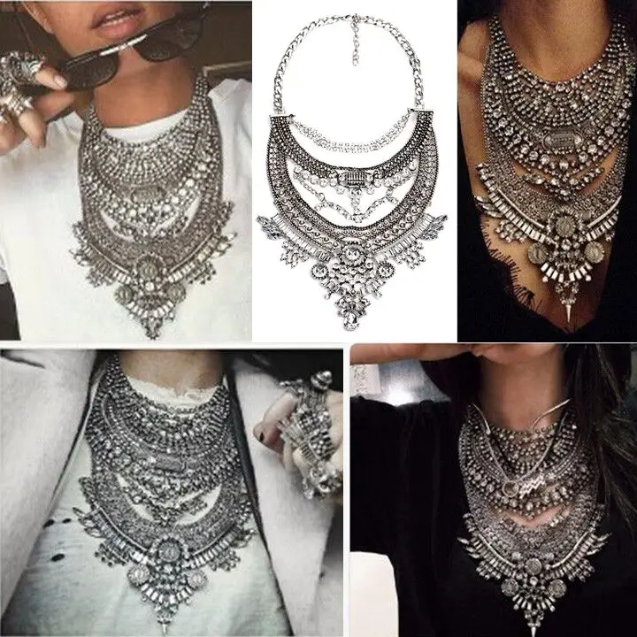 2016 Collar ZA Necklaces & Pendants Vintage Crystal Maxi Choker Statement Silver Collier Femme Boho Big Fashion Women Jewellery