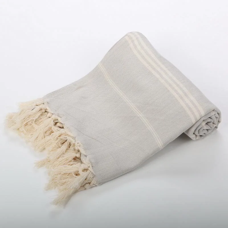 light grey stripe Турецкое банное полотенце с кисточками, мягкое махровое Полосатое пляжное полотенце для взрослых, Солнцезащитная шаль для путешествий, кемпинга, гобелен с кисточками 100x180 см - Цвет: light grey stripe