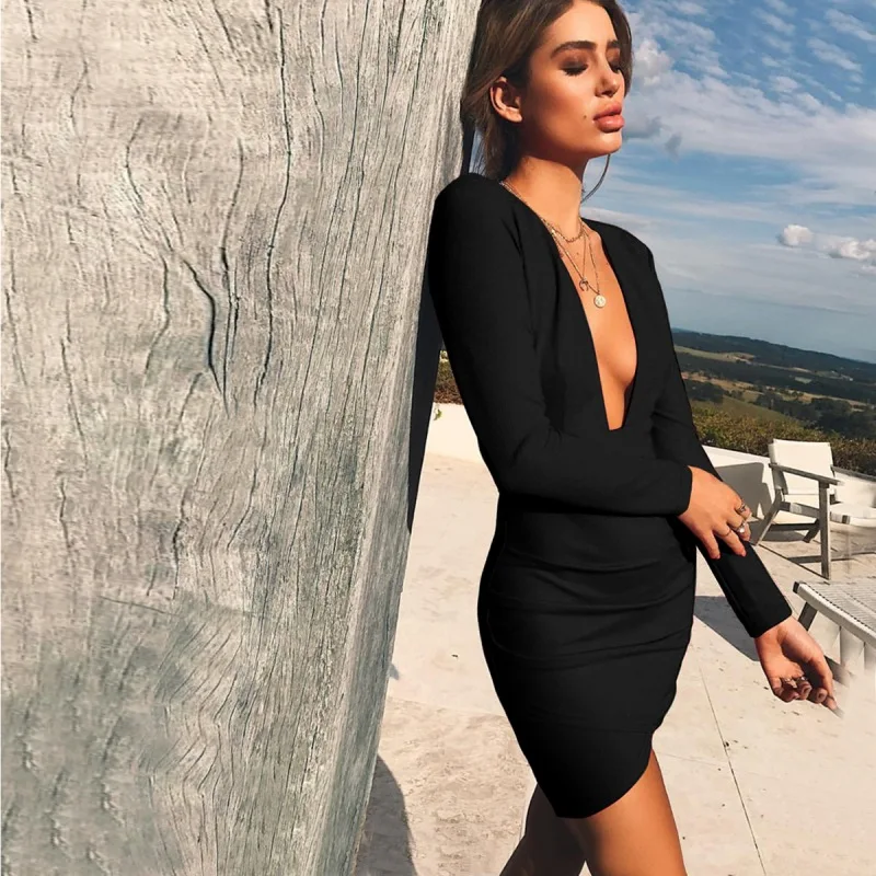 

Deep V Neck Backless Skinny Sexy Bodycon Dresses Women Long Sleeve Mini Party Club Autumn Winter Dresses Red Black