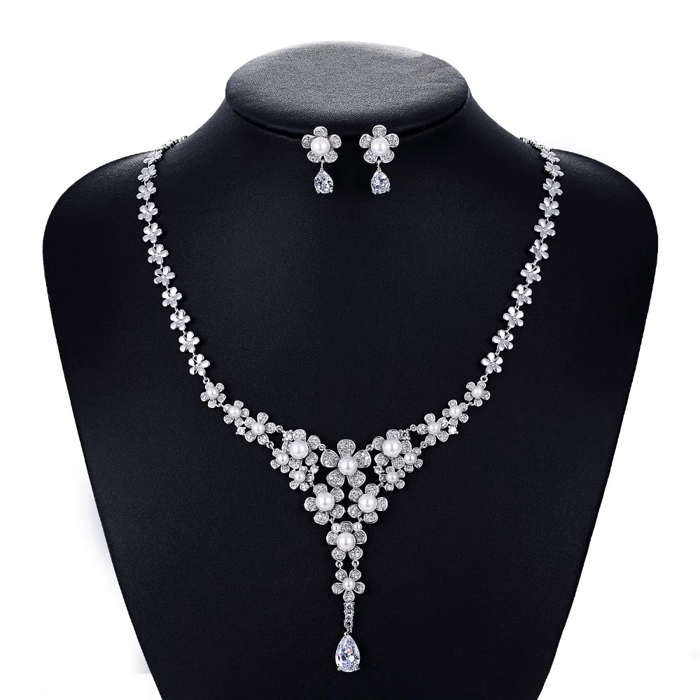 Crystal CZ Cubic Zirconia Bridal Wedding Pearl Necklace Earring Set