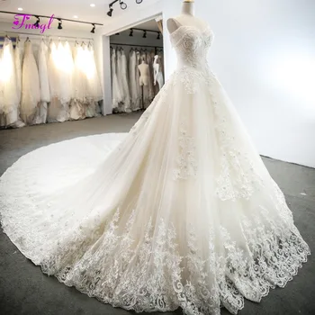 

Fmogl Vestido de Noiva Luxury Beaded Sequined A-Line Wedding Dress 2019 Sexy Appliques Royal Train Pearls Bridal Gown Plus Size