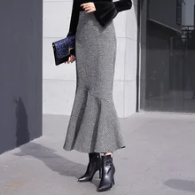 Корейская клетчатая юбка-русалка, Офисная Женская юбка средней длины, черные вечерние юбки с высокой талией и рюшами, женские юбки осень-зима, женские юбки из органической кожи