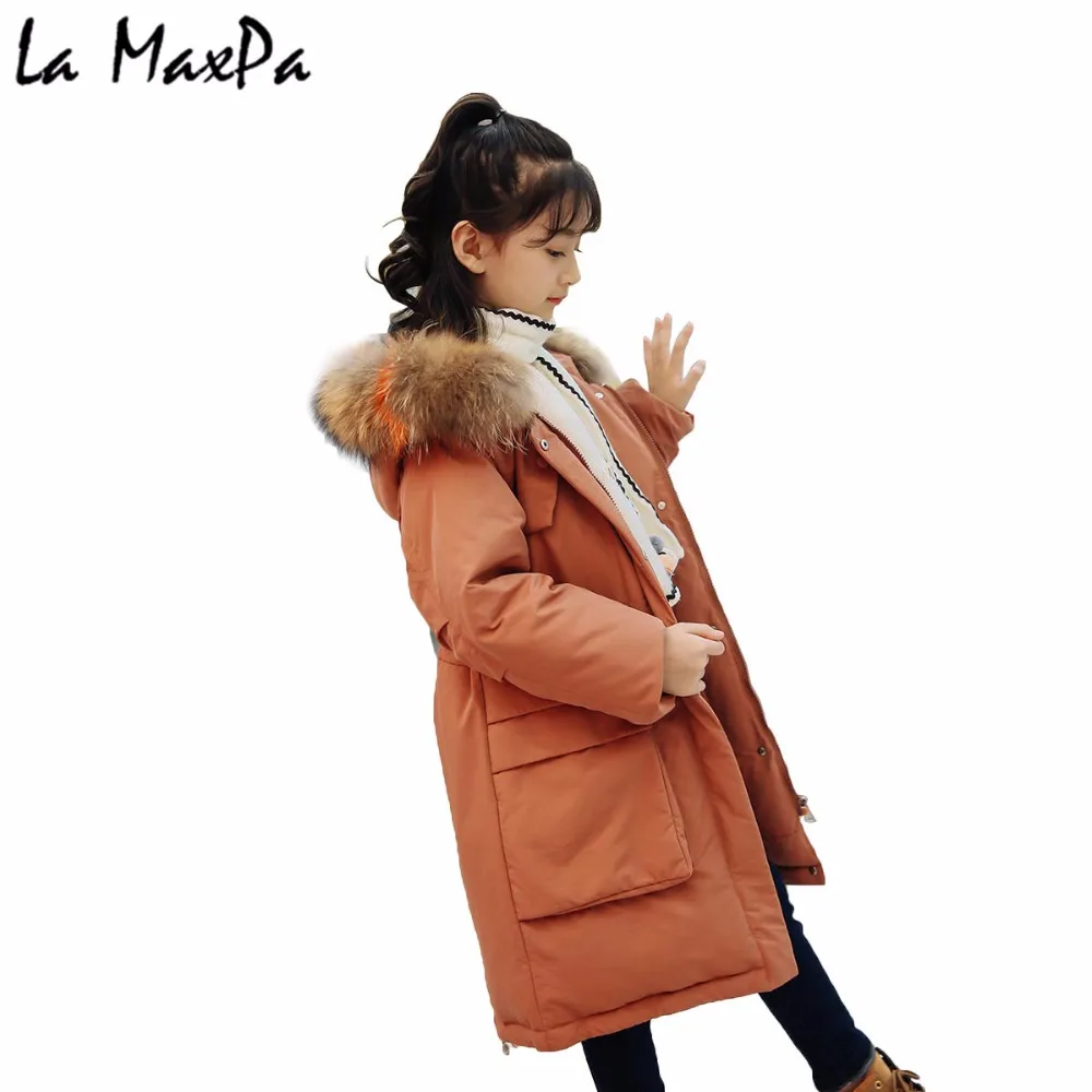 

2018 girls duck Down Jackets Russian Winter Long Sections Thickening Warm Outerwear & Coats Girl Fur Collar jacket & Parkas -35