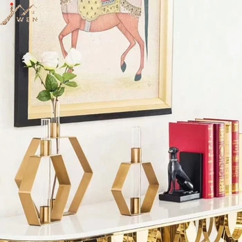 

Metal Brief Vase Geometric Patterns Flower Rack Tabletop Glass Plant Bottle Decoration For Wedding Home Living Room