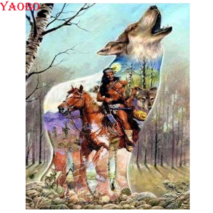 

Full Square Round Drill 5D DIY Diamond Painting Indians&Wolves Riding 3D Embroidery beads Cross Stitch Mosaic Rhinestone Decor