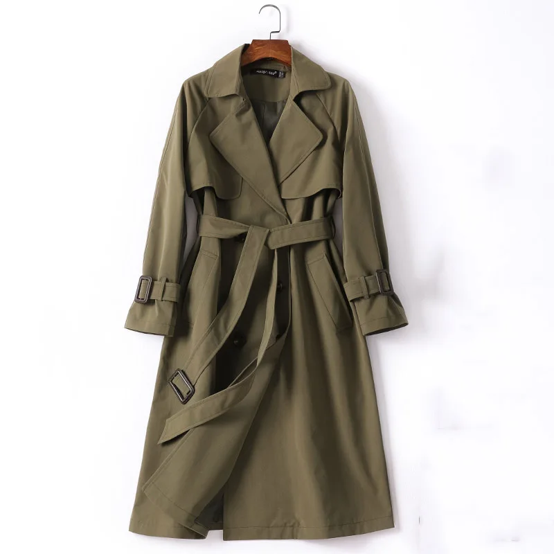 Adjustable waist cotton trench coat women army green double breasted turn down collar slim thin