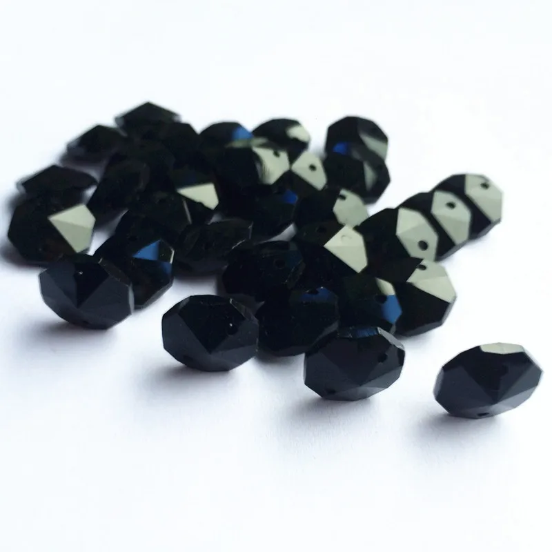 

100Pcs/lot 14MM black crystal glass Octagonal 2 holes Beads +Free rings DIY Window Curtain pendants/ Chandelier trimming parts