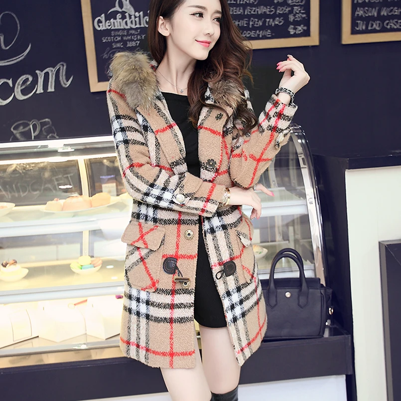 Slim Nouvelles Coffee Dames yellow Coton 2018 Manteau Plaid Veste Femmes Fourrure tuo Chaud Laine Pardessus Femelle Épais D'hiver Capuchon Vêtements blue Col Gkfnmt À De UA5qH1nwH