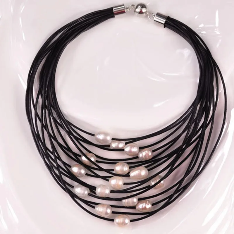 17-24 inches 15 Rows Women Customized Black Leather with 11-12mm Natural Multicolor Oval Freshwater Pearl Necklace