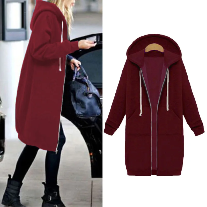 Осенне-зимнее пальто для женщин Модная Повседневная Длинная куртка на молнии с капюшоном Толстовка винтажная плюс размер верхняя одежда пальто 5XL
