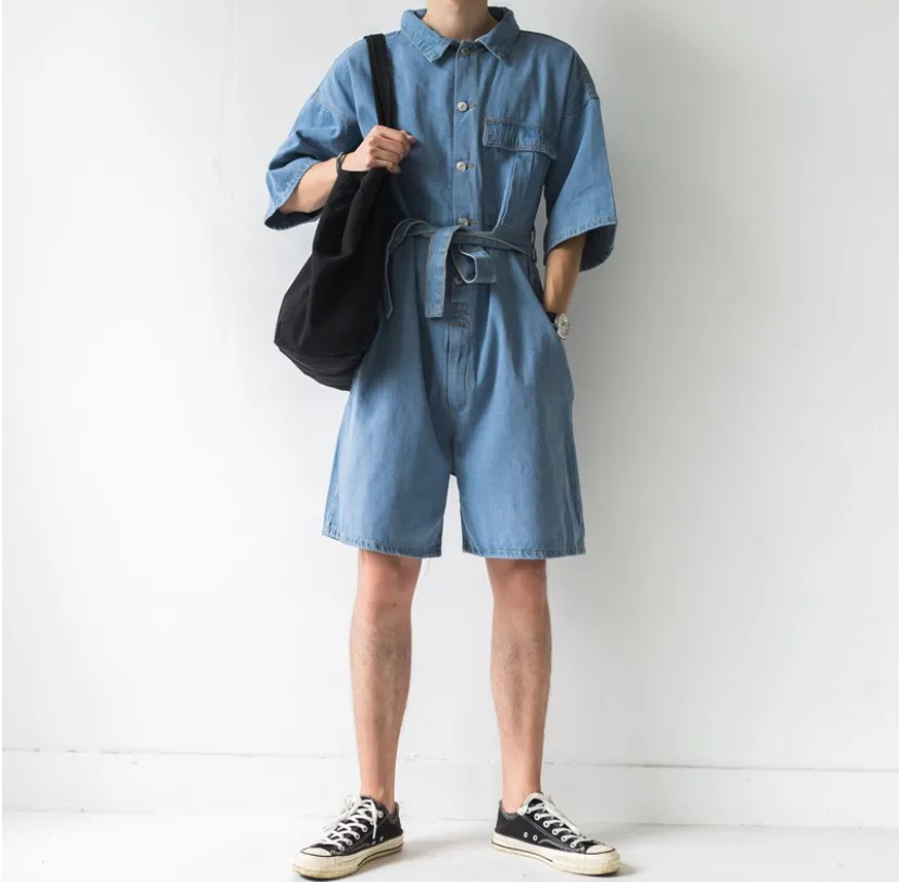 Летний модный джинсовый комбинезон мужской короткий рукав рубашка до колен шорты Молодежный свободный джинсовый цельнокройный комбинезон DS50411 - Цвет: Blue