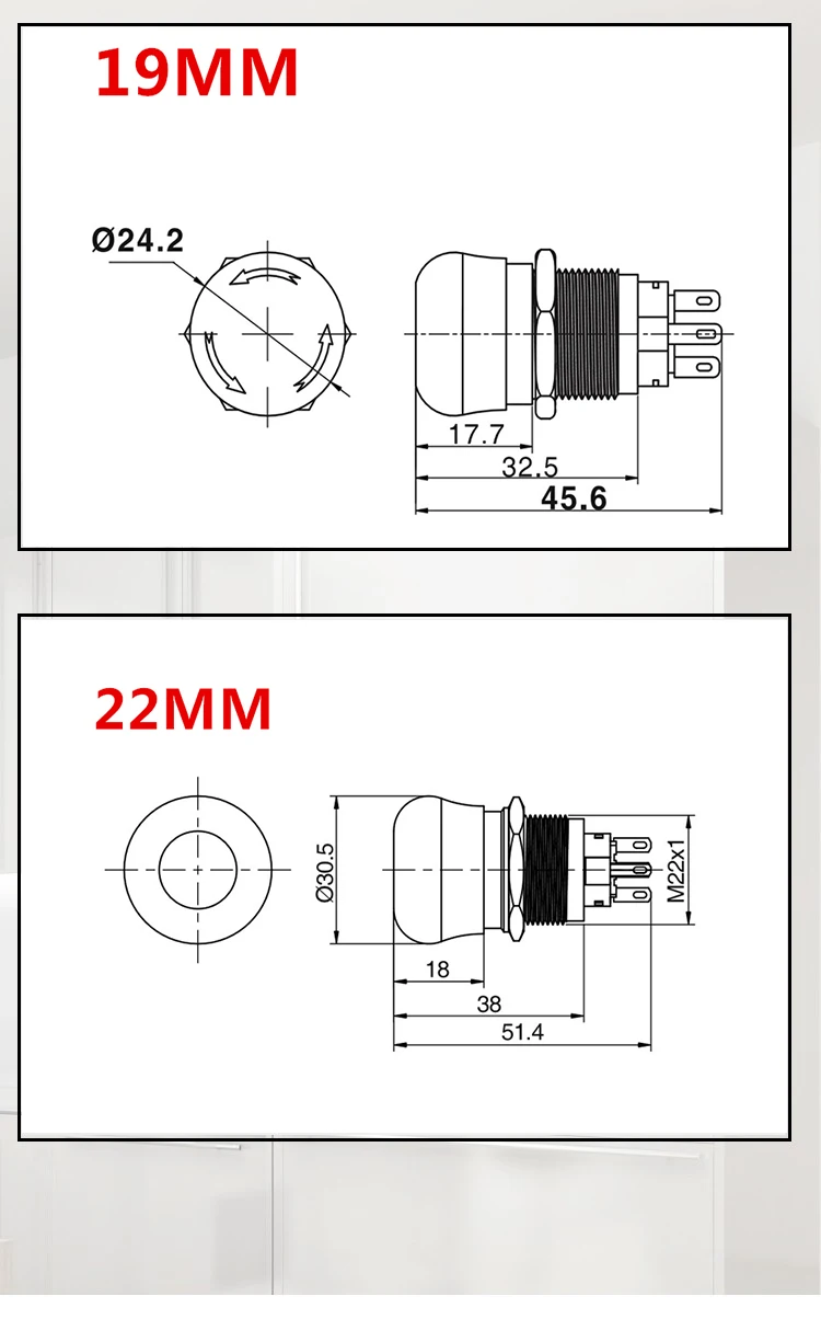 19 мм/22 мм защелкивающийся металлический водонепроницаемый алюминиевый кнопочный переключатель красная круглая кнопка аварийной остановки кнопка 2NO 2NC