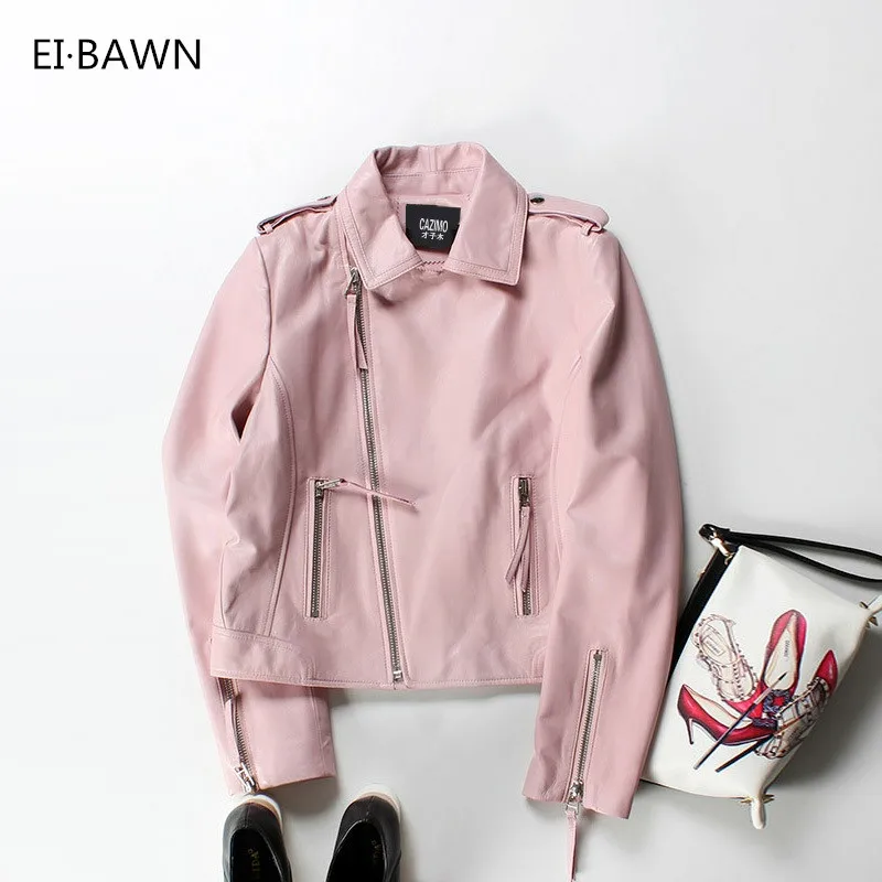 2018 Spring Genuine Leather Jacket for Women Pink Black Zipper Moto Sheepskin Vintage Basic Jacket Women Winter Coat Streetwear