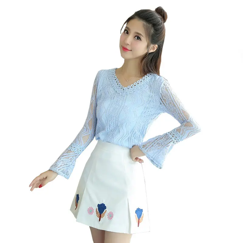 Women's Long Flare Sleeves V Neck Lace Tops Bodycon Skirt