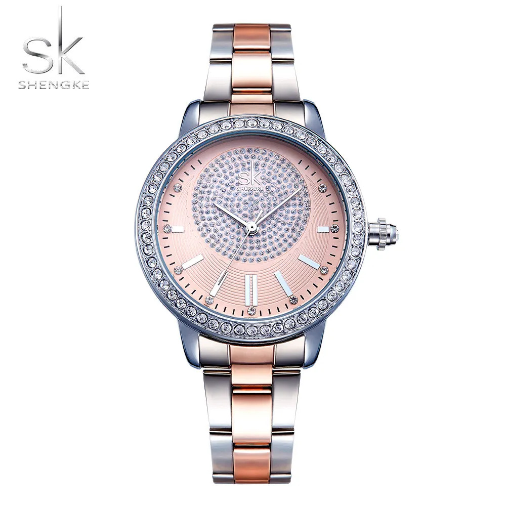 SK часы-браслет для женщин Топ бренд класса люкс кристалл дамы кварцевые наручные часы для женщин нержавеющая сталь часы для женщин Relogio Feminino - Цвет: Розовый