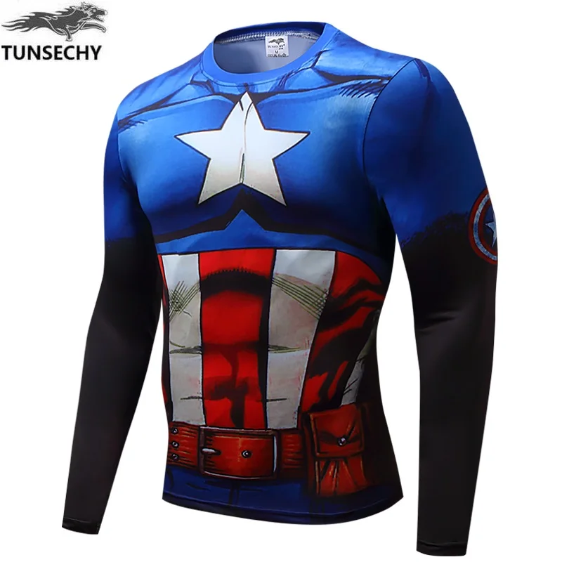 Новая футболка с длинными рукавами с 3D принтом Капитан Америка компрессионная Мужская футболка супергерой Marvel fun тренировка Топ для тренировок и