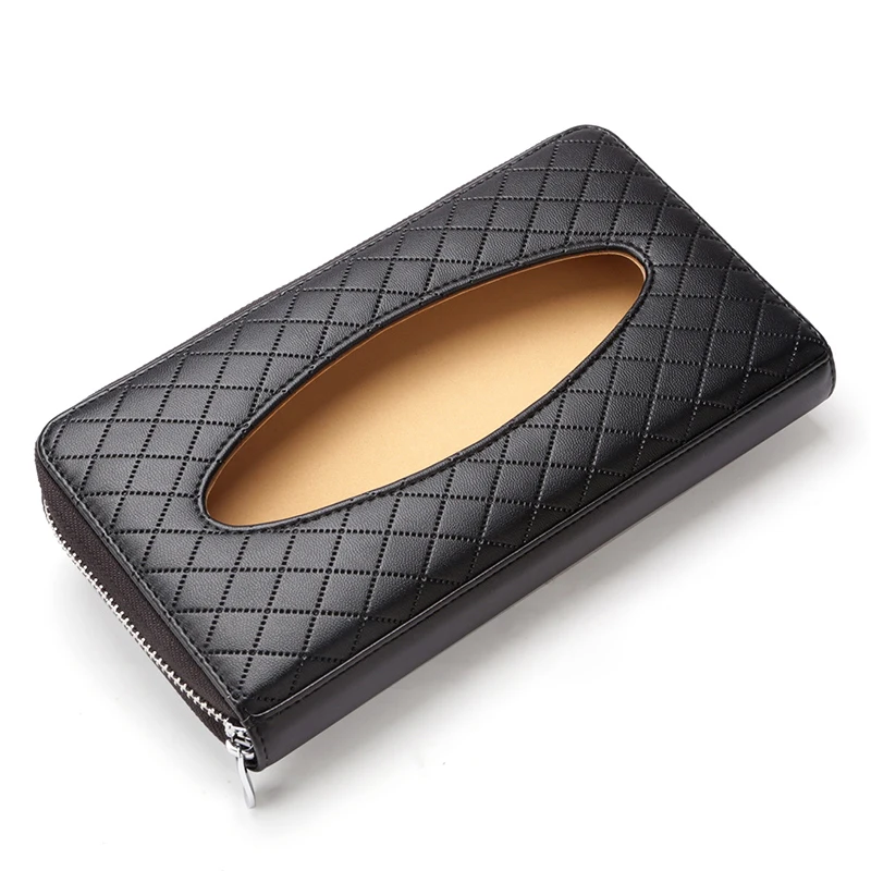 

Car Sun Visor Leather Tissue Boxes High Quality Black Artificial Leather Car Tissue Box with Phone Holder Anyplace Sun Visor Bag