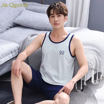 

Pijama Hombre 100% Cotton Pyjama Sleepwear Fashion Summer Sleeveless Short Panties Plus Size Pijama Masculino Grey Pajamas Suit