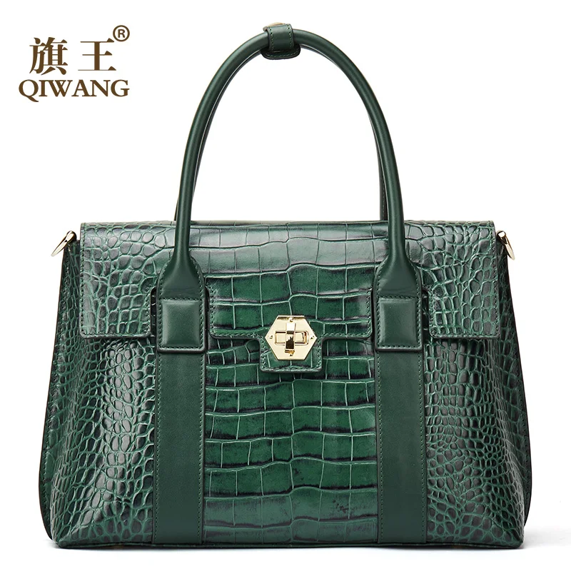 Qiwang الفاخرة العلامة التجارية حقيبة يد المرأة كبيرة الأخضر قفل حمل حقيبة الإناث عالية الجودة حقيقية حقيبة الجراب الجلدية حقيبة قمة الموضة-مق...