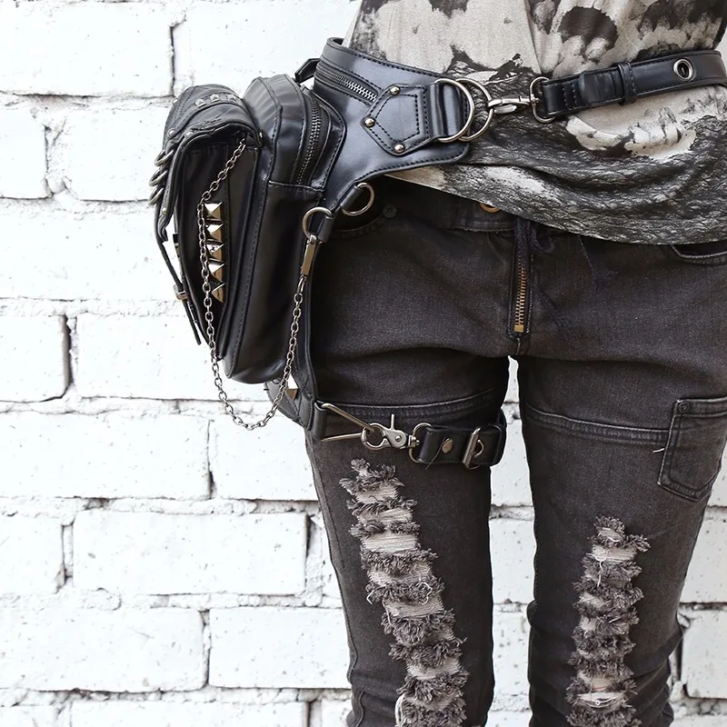 Ретро панк стиль унисекс женская мужская сумка на плечо рок Готическая поясная сумка черная кожаная сумка для ног металлическая сумка