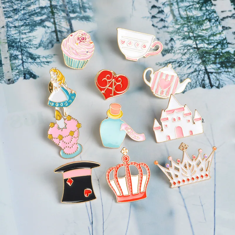 

The New 11 Accessories Brooch Cat Castle Hat Rabbit Cake Crown Watch Teapot Alice Metal Enamel Brooch Acrylic Brooch