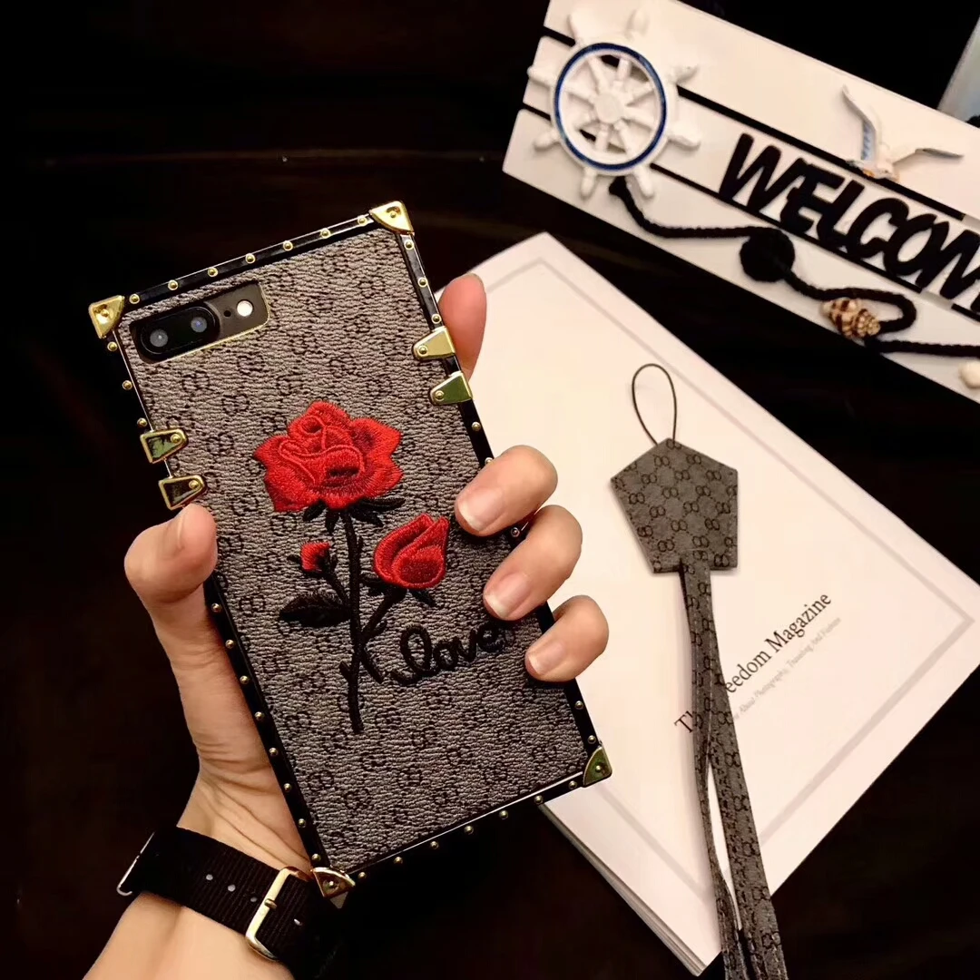 Роскошные Чехлы с 3D розами и вышивкой для iPhone 6, 6s, 7, 8 Plus, X, XR, XS, MAX, 11 квадратных металлических рамок, модный бренд, задняя крышка с розами - Цвет: Gray