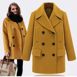 Однотонная желтая шерсть плюс размеры для женщин пальто 2019 Зима Весна модные повседневное тонкий верхняя одежда с длинным рукавом Винтаж