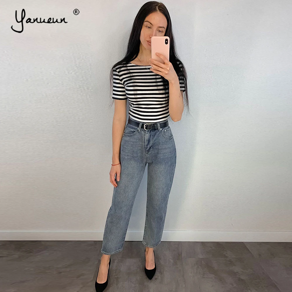 

Yanueun Casual Ankle-Length Jeans High Waist Pockets All Base Match Boyfriend Classic Denim Pants New Hot Trousers
