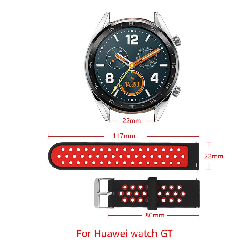 

22mm band width silicone strap For Huawei Watch GT Sports strap Two-color porous Silver buckle Huawei Watch band adjustable size