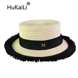 Весна, лето, новые плоские карнизы tasseled льняная шляпа солнцезащитный крем homburg капот, Золотой металлический логотип