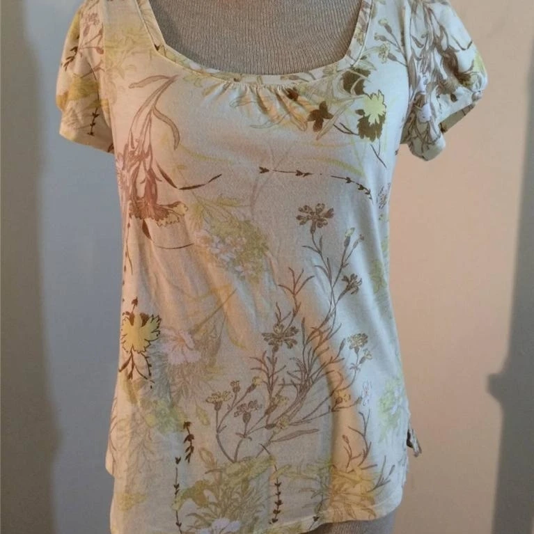 Caribbean Joe knit top size S small yellow floral print blouse cotton blend