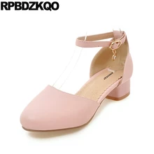 Ladies Mid Heels Shoes Sandals Women 10 42 Plus Size Round Toe Ankle Strap Japanese Pink Pumps Footwear Thick 33 Metal 11 43