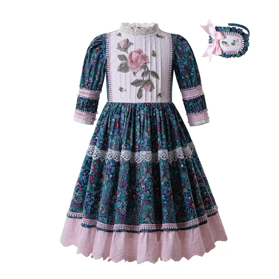 

Pettigirl Blue Small Floral Printed Dot Lace Lovely O-Neck Party Wedding Communion Long Dresses B469(Dress Length under Knee)