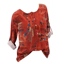 Богемный стиль Для женщин Осень блузка Для женщин s Повседневное с цветочным принтом с длинными рукавами футболка с круглым вырезом и