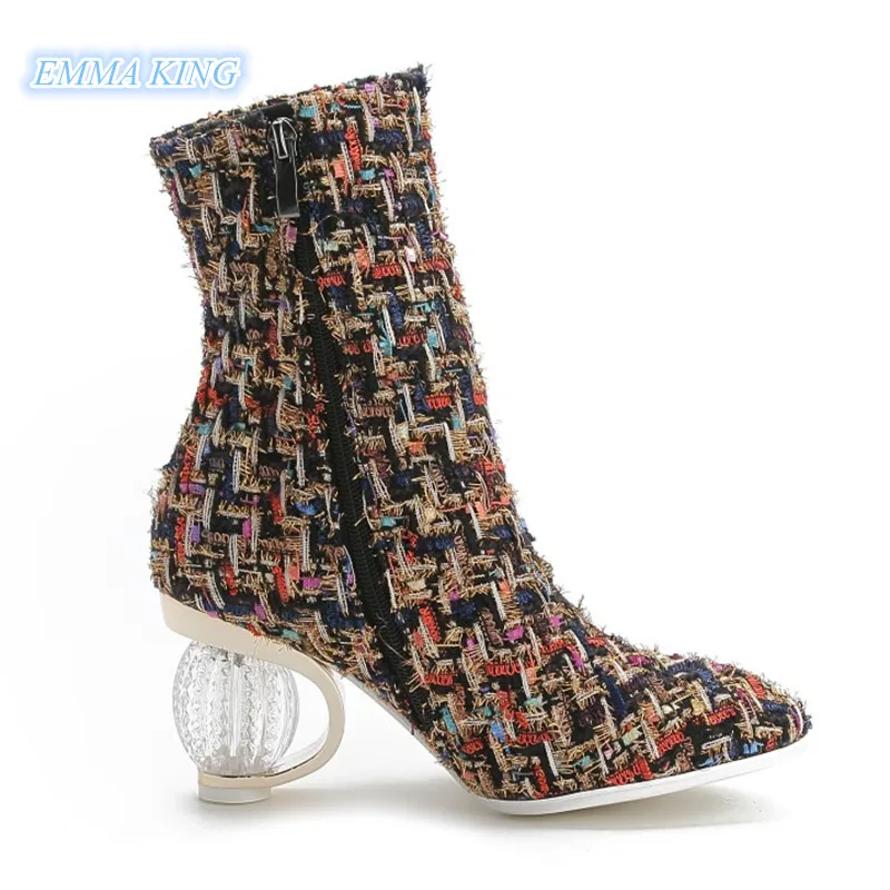 

Fashion Mixed Colors Pointy Toe Strange Heels Ankle Boots Women 2019 Autumn winter New Arrival Suede Side Zip Ladies Party Shoes