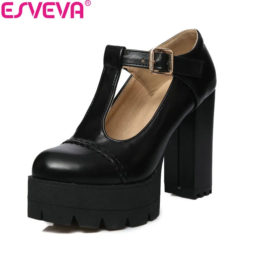

ESVEVA 2018 T-Strap Paltform Women Pumps Spring High Heel Women Shoes PU Black Punk Style Buckle Women Shoes Big Size 34-43