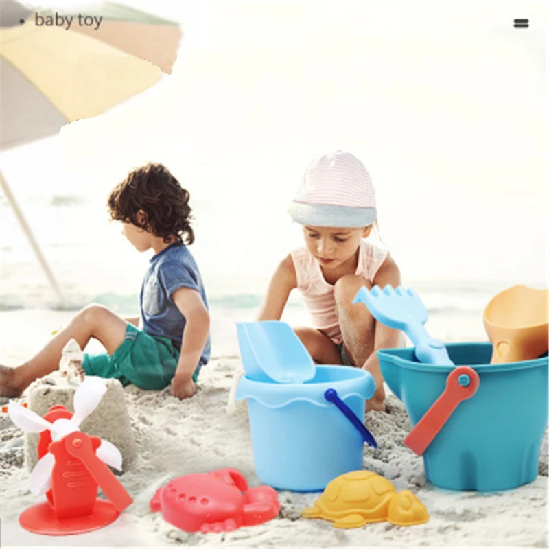 7Pcs Kids Outdoor toys Soft Rubber Beach Game Toys Set Shovels Rake Hourglass Bucket Animals Playset Role Play Toy Summer Hot