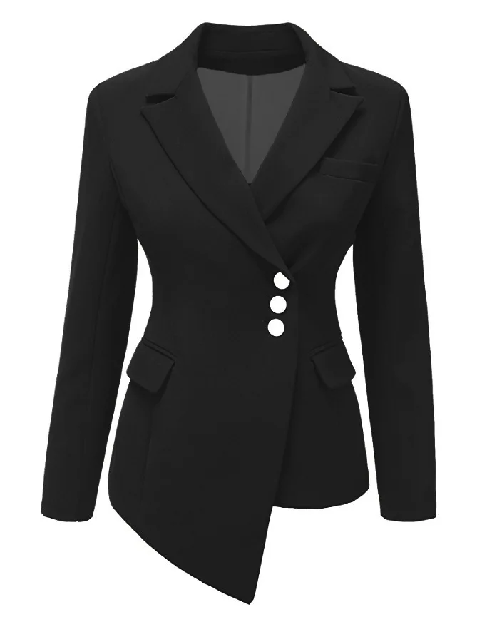 Фиолетовый, 9 цветов, однобортный, с длинным рукавом, ассиметричный, для офиса, для женщин, для работы, Блейзер, большие размеры, для женщин, блейзеры, костюм, костюмы - Цвет: Черный
