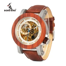 BOBO BIRD WK12 Red Sandalwood Steel Exposed Mechanical Watch Vintage Bronze Skeleton Clock Male Antique Steampunk