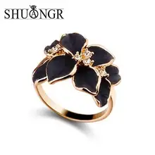 SHUANGR,, Ювелирное кольцо с золотом, австрийский кристалл, черный и белый цвет, эмаль, цветок, обручальное кольцо для женщин