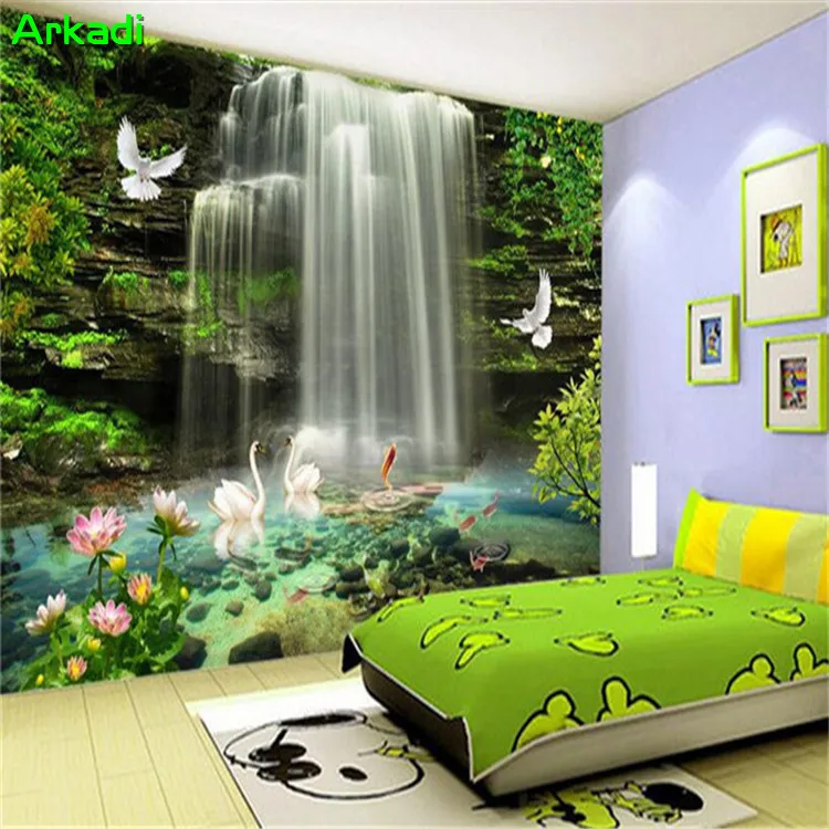 

Chinese style living room TV background wall paper wall covering 3d wallpaper sofa three-dimensional mural waterfall landscape