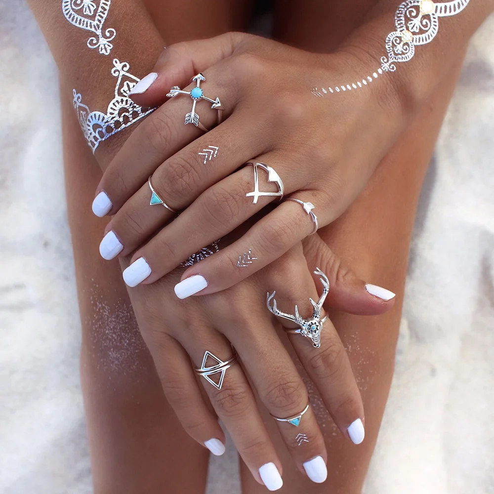 7 Pcs/Set Bohemian Tibetan Silver Geometric Triangle Rhombus Arrow Elk Head Rings Knuckle Rings Anel Joint Rings Sets For Women