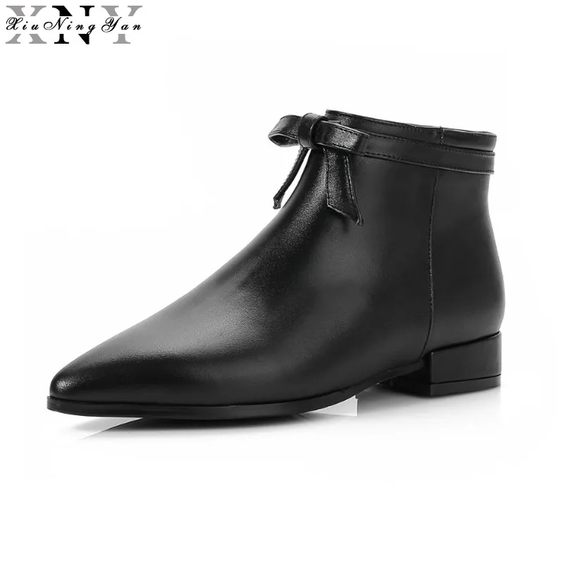 

XiuNingYan Women Ankle Boots Cow Leather Sexy Style Zipper Decoration European Designer Thick Low Heels Pointed Toe Big Size