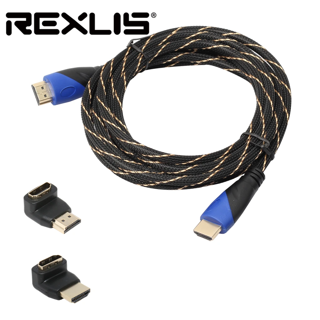 REXLIS высокое качество плетеный кабель HDMI 0,5 m 1 м 3 м 5 м 10 м 15 м Плетеный HDMI кабель+ 2 Угловые адаптер V1.4 HD 3D