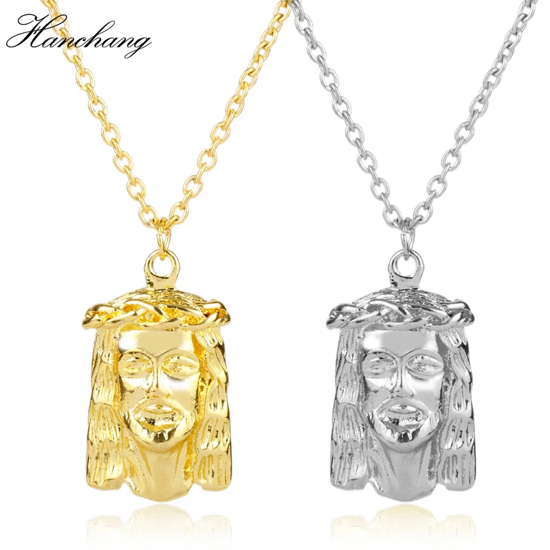 

HANCHANG Mens Jesus Christ head necklaces Charm Golden Chain bling pendant Jewelry Rappers Collier Big Jesus Necklace Christian
