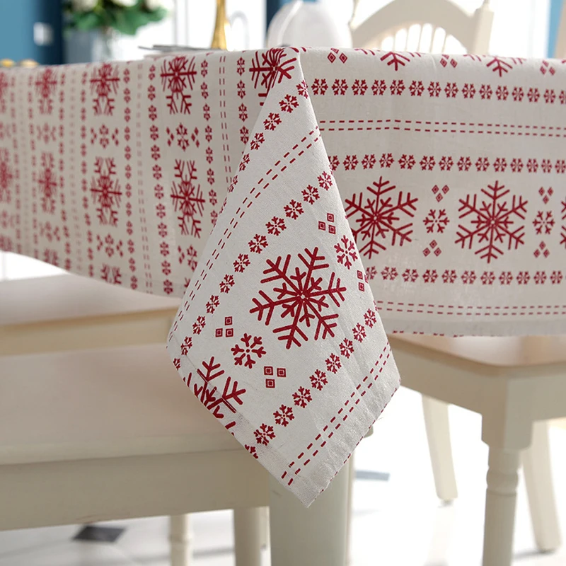 

Zakka simple polyester cotton imitation hemp red snowflake Christmas party New year printed tablecloth table cloth cover towel