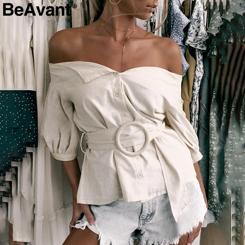 Женская блузка с открытыми плечами BeAvant винтажная хлопковая рукавом фонариком
